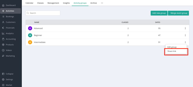 Share Link Activity Groups