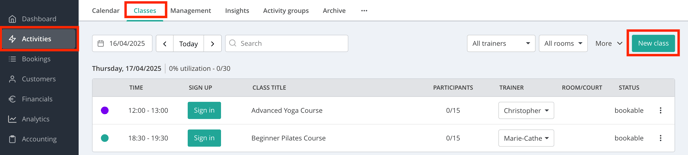 Create new classes & trainings