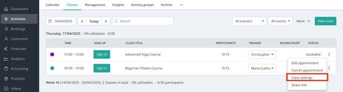 Edit classes (Class Settings)