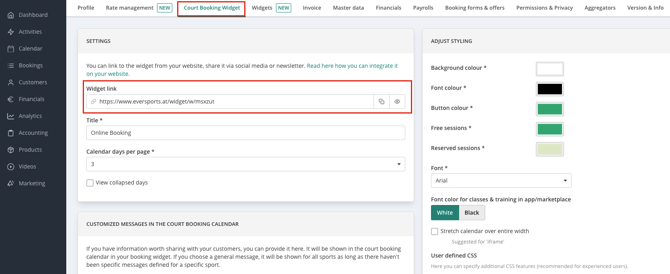 Court booking widget link
